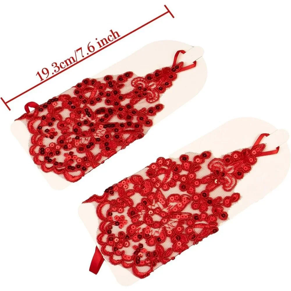 Women's Rhinestone Fingerless Red Gloves Bride Wedding Party Prom Accessories